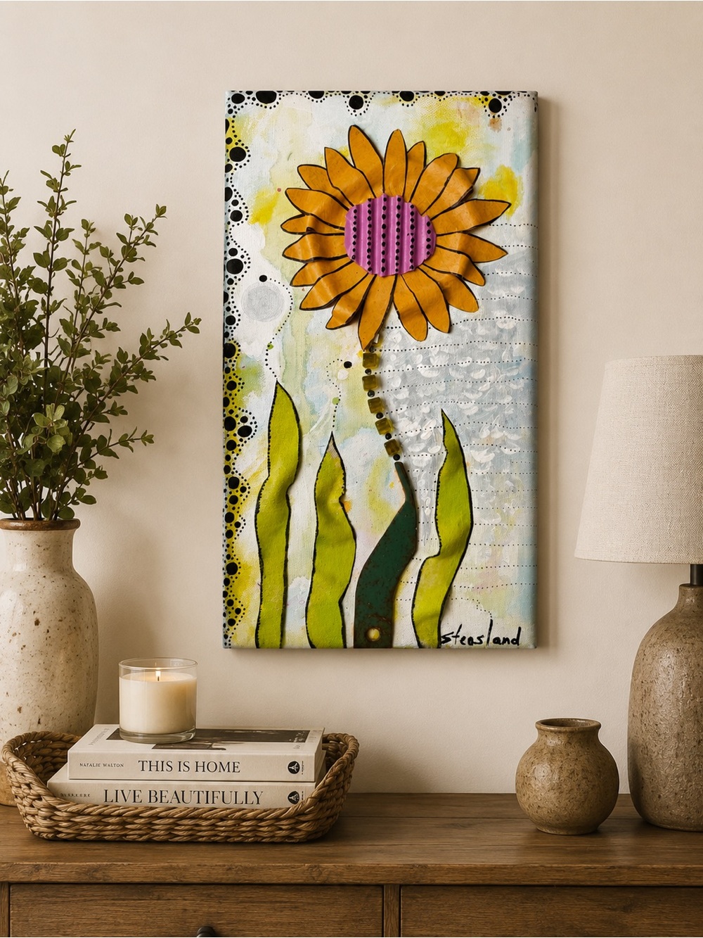 Handmade Flower Mixed Media Wall Art |Signed 3D One-of-a-Kind Upcycled Artwork